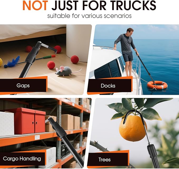 Kojcijs Magnetically Mounted 6.3 Ft Truck Cargo Grabber Reach Retriever Tool with Two Hooks, Pickup Truck Bed Heavy Duty Truck Accessories Telescoping Pole