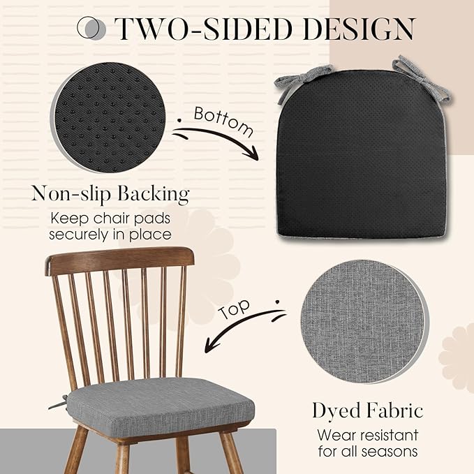 Basic Beyond Chair Cushions for Dining Chairs 4 Pack, Kitchen Chair Cushions with Ties and Non Slip Backing, 16 x 16 inches Chair Pads for Dining Chairs (Dark Grey)
