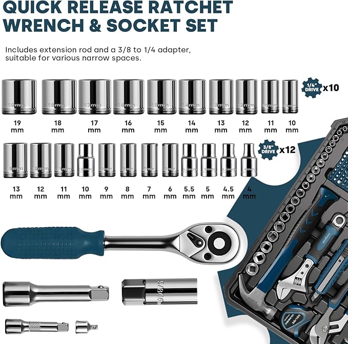 Enventor Tool Set, 220-Piece Home Tool Kit with Toolbox, Wrench and Hand Tools for Home Repairs, Auto Maintenance, DIY & General Use,Household Repair Tools for Men & Women, Blue