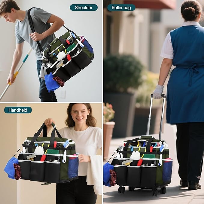 Large Rolling Cleaning Caddy Bag with Detachable Trolley, Full Support Plates for Professional Cleaning Supplies Bag, Organizer Bag with 4 Universal Wheels for Housekeepers, Car Wash (Green)