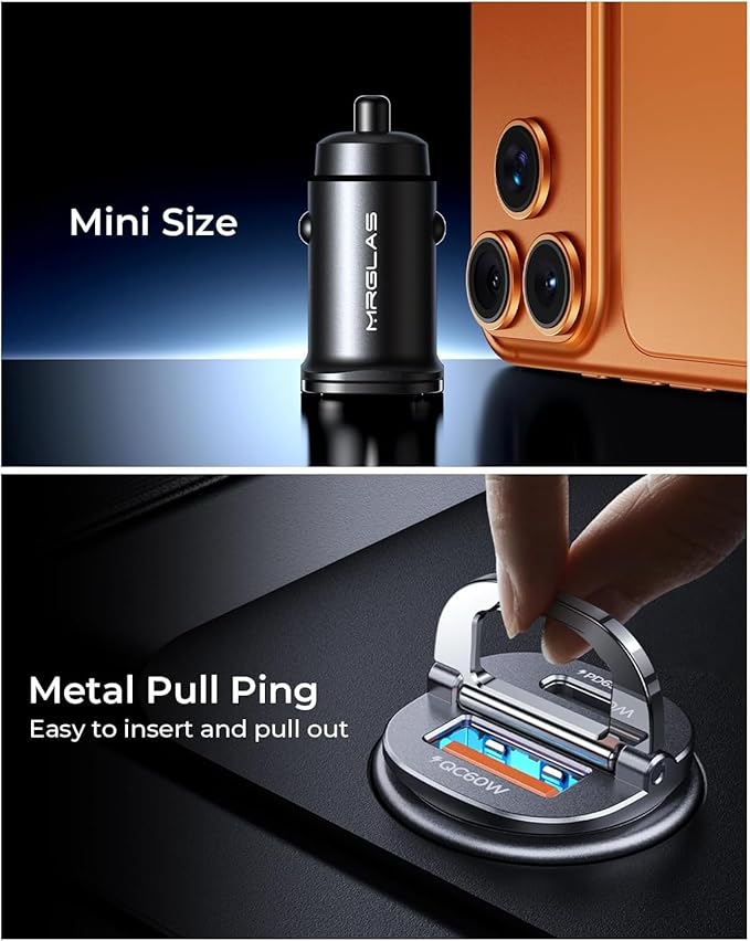 【Upgraded】 125W Car Charger USB C Super Fast Charging, [PD65W & QC60W][All Metal] MRGLAS Cigarette Lighter Car Charger, RV Power Adapters Accessories for iPhone 17 Pro Max iPad Samsung S25 Pixel 10