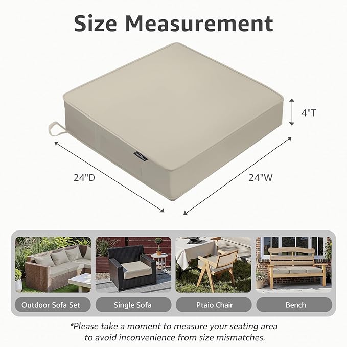 PatioGlow Outdoor Chair Cushions 24 x 24 x 4 Inch, Waterproof & Fade Resistant Patio Seat Cushion for Furniture with Handle and Ties, Thick Seating Pads for Outside Sofa Couch Set of 2, Cream