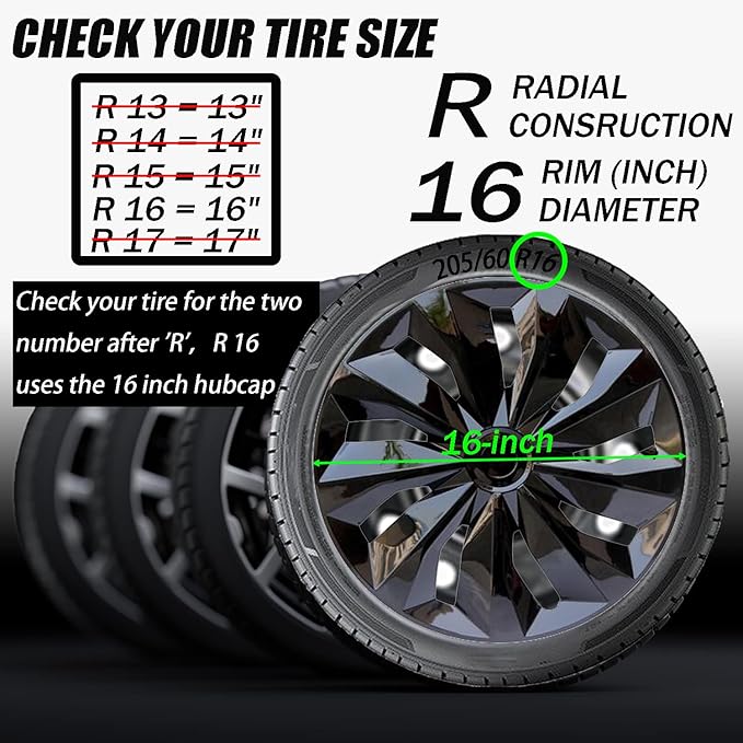 Hubcaps Wheel Cover Replacement R16 Size Hub Cap Universal-Fit Steel Wheel Rim Caps ABS Tire Covers for Most Cars Trucks Sedans SUV -Set of 4（16-inch，Black）