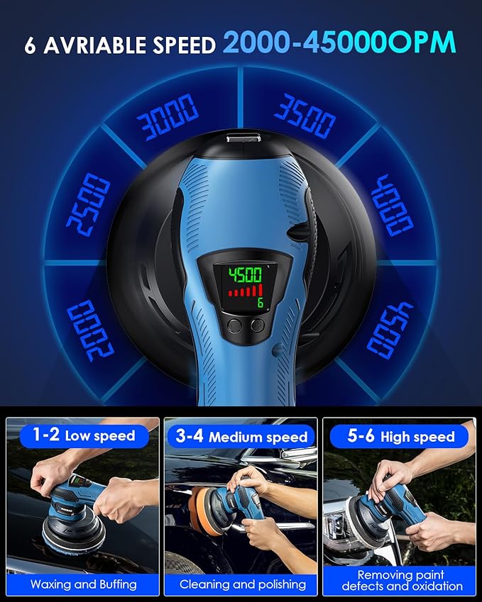 Cordless Polisher 2x2000mAh 21V Batteries,21pcs Attachments & 6 inch Car Buffer Polisher for Car Detailing 6 Variable Speed to 4500OPM Car Buffers and Polishers Kit for Polishing/Waxing