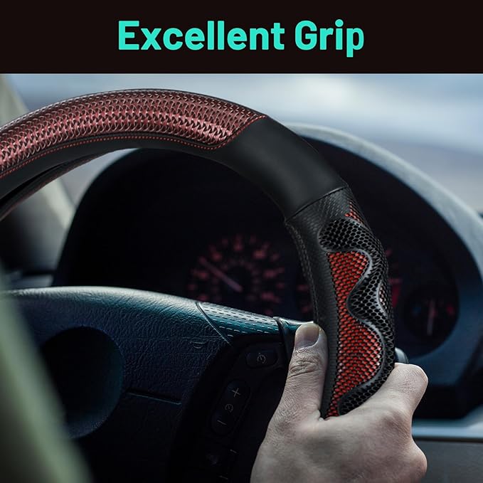 DaisyInner 18 Inch Semi Truck Steering Wheel Cover Heavy Duty Leather Wheel Comfy Grip Cover Anti Slip Car Accessory Fits Rv, Big Rig 18 Wheeler and Pickup (Red, Classic Style)