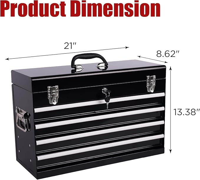 21" Portable 4 Drawer Steel Toolbox, 5 Layers of Tools with Metal Latches, with Top Storage Tray and Carrying Handle, Multi-Function Tool Chest for Garage, Home,or Workbench（black）