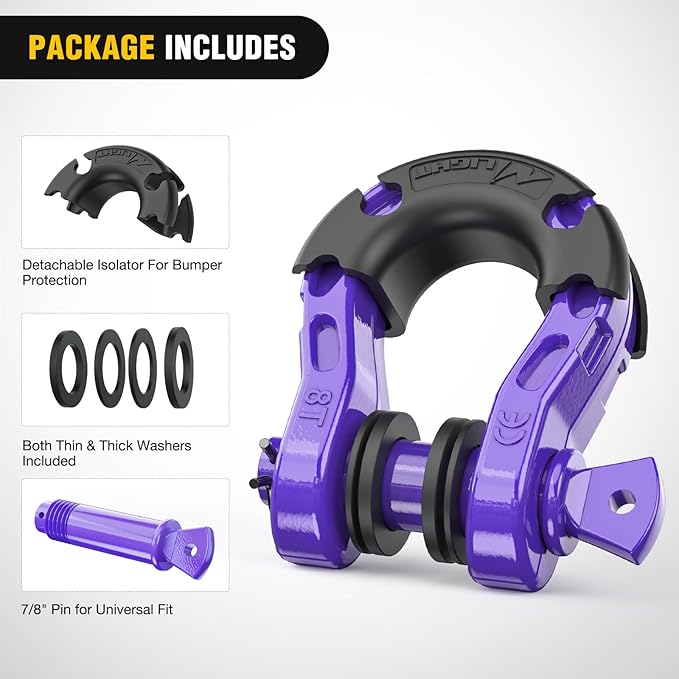 Nilight Heavy Duty Mega D-Ring Shackles(2 Pack) w/ 7/8″ Screw Pin & isolators, 68,000 lb Break Strength(17,000 lb WLL), Forged Steel Off-Road Recovery Shackles for Tow Strap & Winch Gear, Purple