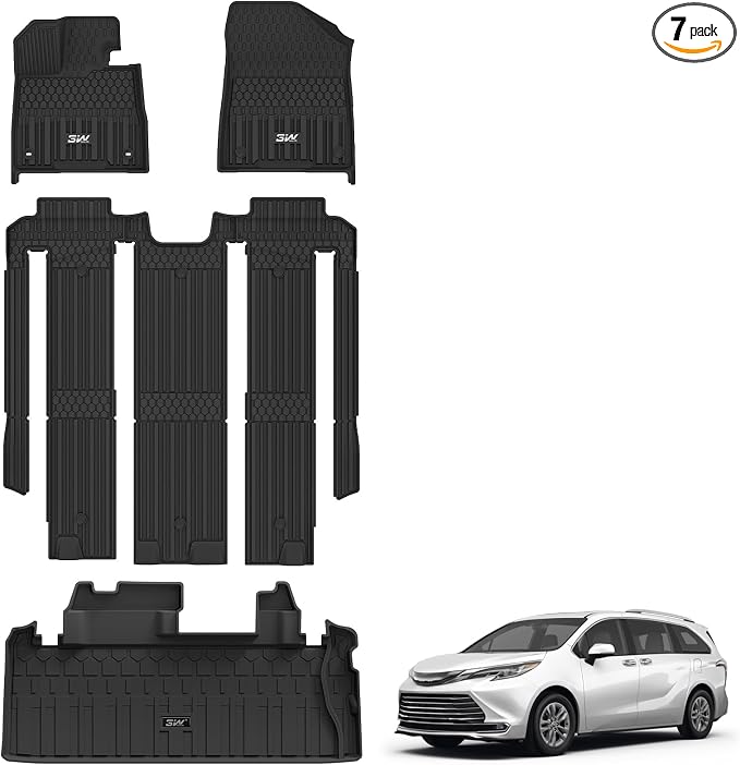 3W Floor Mats&Cargo Liner for Toyota Sienna 2021-2026 7 Seat (Not Fit 25 26 Platinum) TPE Custom Fit Floor Liner for Sienna XLE/XSE/Limited Full Set and Trunk Mat(w/o Spare tire)