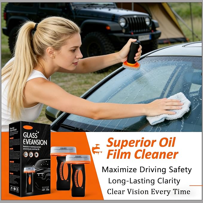 2Pcs Glass Oil Film Remover, Advanced Auto Glass Polish & Hydrophobic Coating with Ergonomic Applicator, Professional Windshield Restorer for Luxury Vehicles & Architectural Glass