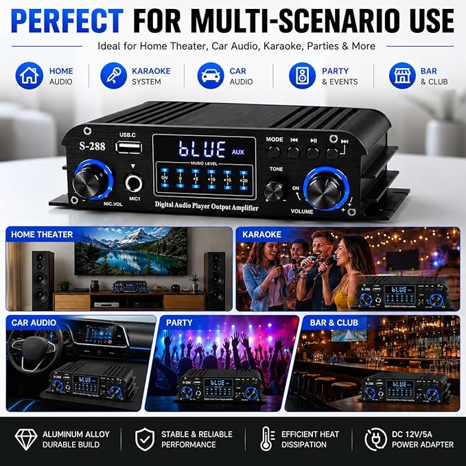 Romicta 4 Channel Bluetooth 5.0 Stereo Amplifier, 50Wx4 Home Audio Stereo Receiver, 1200W Max, USB/SD/FM, Class D HiFi Power Amp for Home Theater, Car & Karaoke, Includes Remote & Power Adapter
