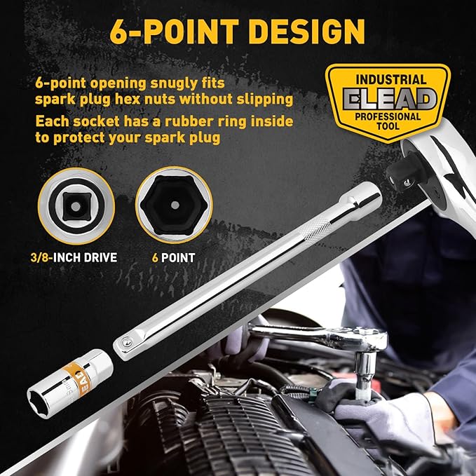 ELEAD 8-Piece 3/8" Drive Spark Plug Socket Set with Universal Joint, Spark Plug Gapper and 6" Extension Bar, SAE & Metric, 5/8", 3/4", 13/16", 14mm, 18mm, CR-V Sockets with Rubber Holding Rings