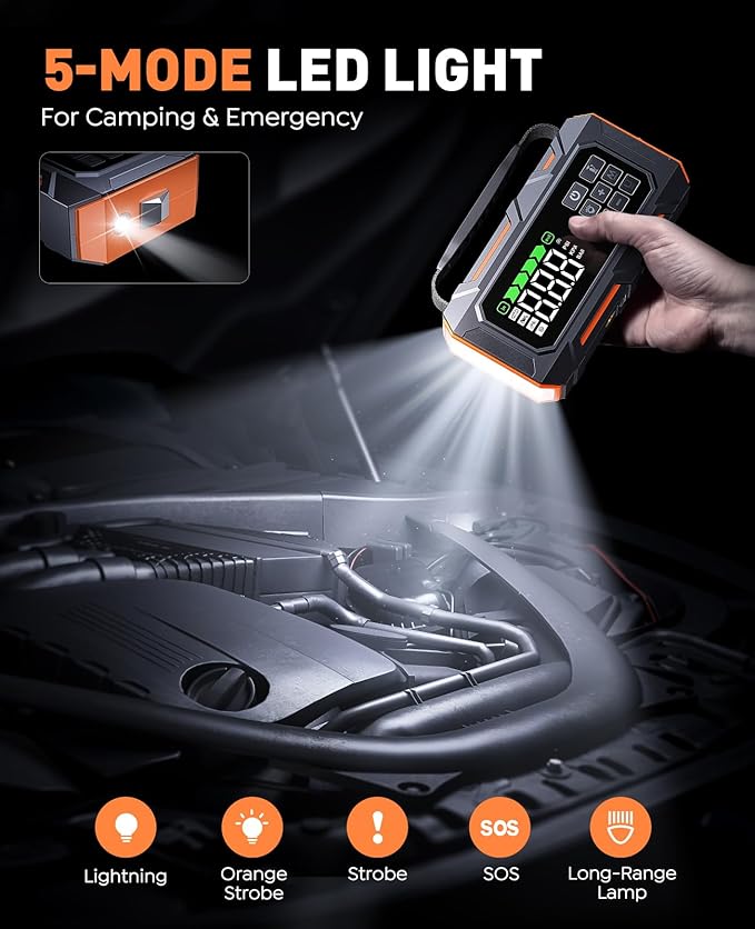Portable Jump Starter with Air Compressor 8000A 160PSI, 16-in-1 Car Battery Jump Starter with Emergency Kit, Auto-Shutoff Tire Inflator, Jumper Cables, Jump Box Car Battery for All Gas/14L Diesel