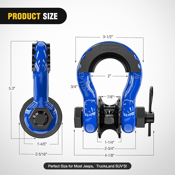 Nilight 3/4" D-Ring Shackle w/Snatch Block (2 Pack) 9,500 lb Working Load, 2-in-1 Heavy‑Duty Towing Pulley w/Isolator for Off‑Road Recovery, Winch Cable & Rope, Truck Jeep ATV UTV Tractor, Blue