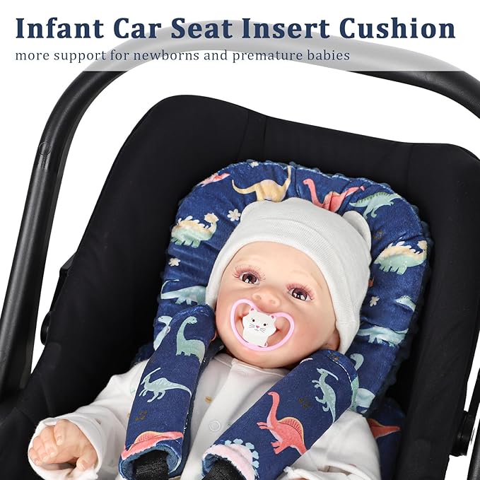 Infant Car Seat Insert Cushion, Super Soft Baby Car Seat Head Support & 2 Straps Pads, Reversible Preemie Newborn Carseat Insert, Fit Car Seat, Stroller, Infant Bouncer, Blue Dinosaur