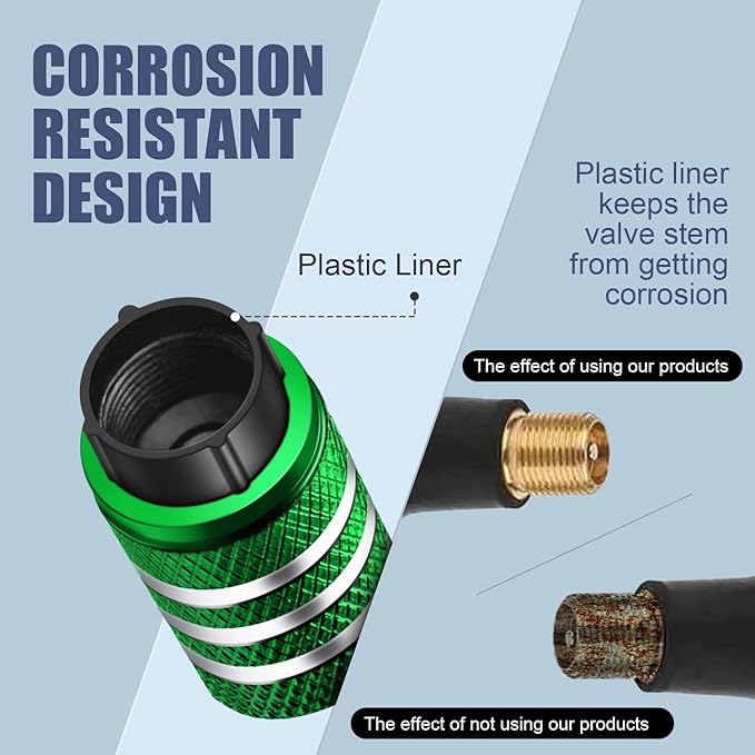 Tire Valve Stem Caps -(5 Pack) Tire Air Caps Metal with Plastic Liner Corrosion Resistant Leak-Proof for Car Truck Motorcycle SUV and Bike Green