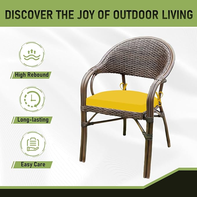 Basic Beyond Outdoor Chair Cushions Set of 4, Outdoor Cushions for Patio Furniture, Water Resistant Patio Chair Cushions with 2 Ties, 17x16x2, Yellow
