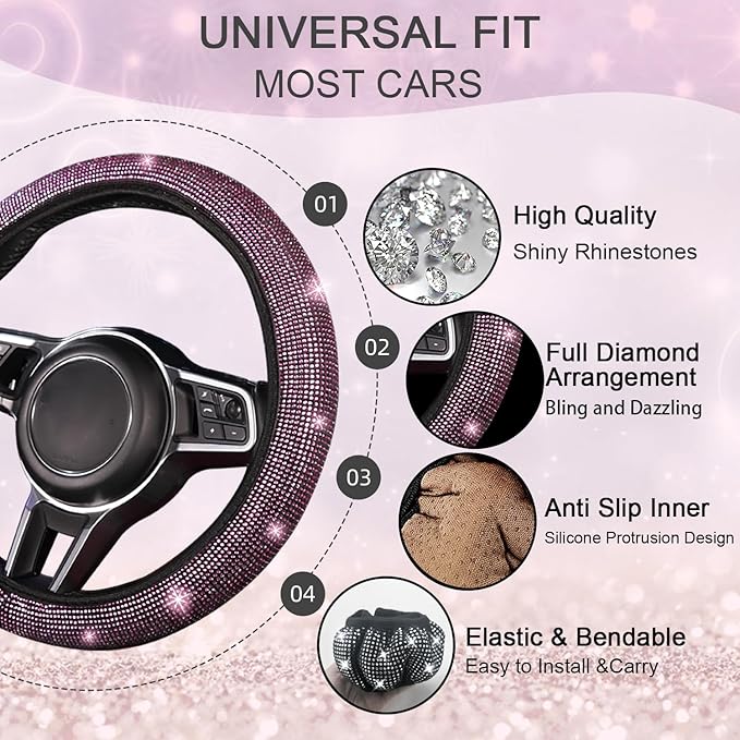 NBTEPEM 8 pcs Pink Bling Car Accessories Set for Women, Steering Wheel Cover, Sparkly Seat Belt Covers, Bling Gear Shift Cover, Universal Fit Most Cars (Pink Diamond)
