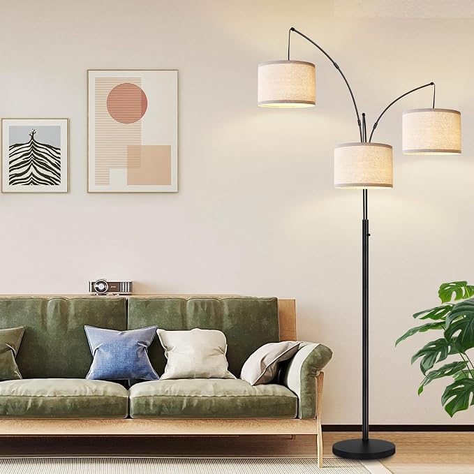 Dimmable Floor Lamp - 3 Lights Arc Floor Lamps for Living Room, 1000LM Modern Tall Standing Lamp with White Shades & Heavy Base, Mid Century Tree Floor Lamp for Bedroom Office, 3 LED Bulbs Included