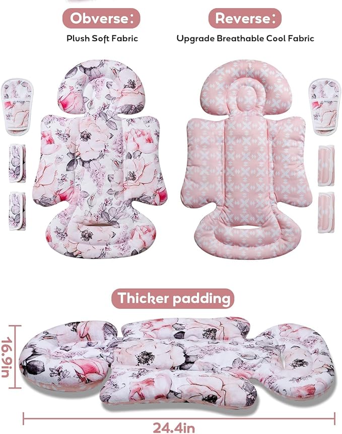 BOMOLOUR Infant Car Seat Insert, Enlarged Head Support for Baby Carseat, Reversible Newborn Insert with 3 Strap Covers, 2-in-1 Baby Car Seat Cushion for Stroller, Swing, Bouncer, Rocker - Pink Floral