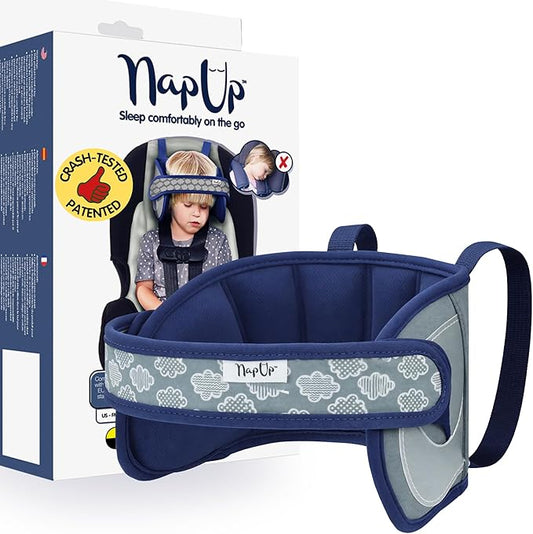NapUp Adjustable Head Support for Car Seat – Patented & Crash-Tested Anti-Bobbing Head Holder Strap, Comfortable Sleep Solution - Breathable Fabric, Kids Travel Accessories - Ages 2+ - Dark Blue