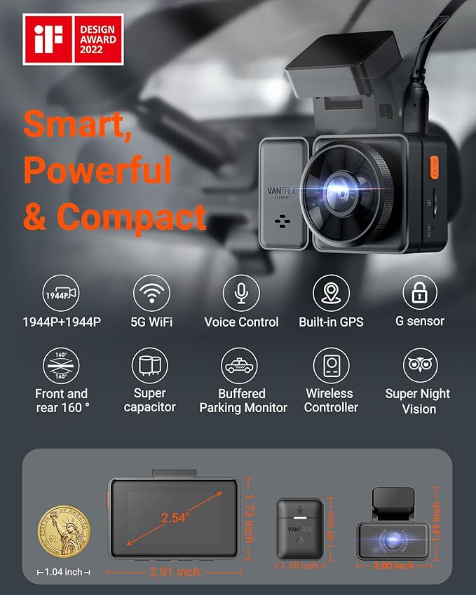 Vantrue E2 Dash Cam Front and Rear, 2.7K Upgrade Rear Cam, Dual STARVIS, 2.7K + 2.7K Dash Camera for Cars, Voice Control, WiFi, GPS, Night Vision, 24H Parking Mode, G-Sensor, 2.45" IPS, Support 512GB