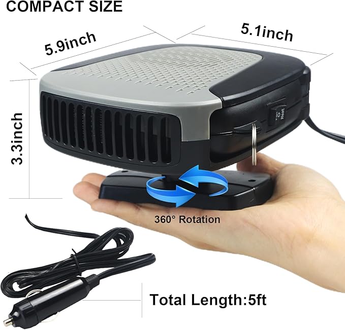 Car Heater With Handle,2IN1 Heating & Cooling, 12V 150W Portable Fast Heating Auto Windshield Defogger Defroster 360 Degree Rotary Automobile Windscreen Heater Plug into Cigarette Lighter