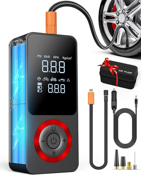 Cordless Tire Inflator Portable Air Compressor, 150 PSI Air Pump with Rechargeable Battery, Tire Pressure Gauge, 12V Car Power Adapter, Smart Air Pump for Car, Motorcycle, Bike, Ball