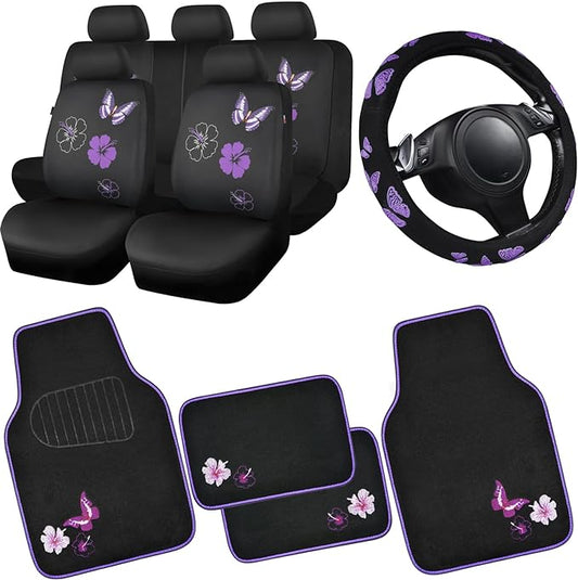 CAR PASS Universal Cloth Butterfly Car Seat Covers Full Set, Embroidered Flower Waterproof Car Floor Mats Carpet, Butterflies Steering Wheel Cover for Car Accessories Interior Sets (Black and Purple)