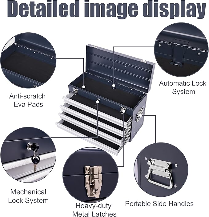 21" Portable 4 Drawer Steel Toolbox, 5 Layers of Tools with Metal Latches, with Top Storage Tray and Carrying Handle, Multi-Function Tool Chest for Garage, Home,or Workbench（grey）