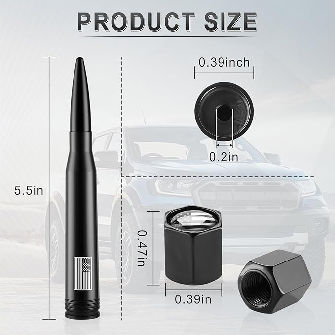 BJSIA American Flag Car Truck Antenna with Valve Stem Caps - Universal Compatible with Ford, Dodge, Chevrolet, GMC, Jeep, Toyota Truck Car Accessories, Heavy Duty Pickup Trucks Accessories - Black