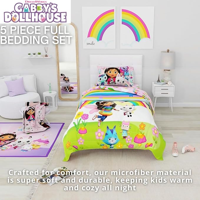 DreamWorks Gabby's Dollhouse Cakey, Mercat and Pandy Kids Bedding Super Soft Comforter and Sheet Set, 5 Piece Full Size, (Official Licensed Product) by Franco