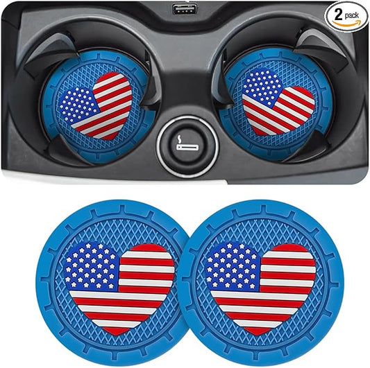 AUCELI 2 Pack Car Cup Holder Coasters, Colored American Flag US Flag Insert Car Cup Coaster, 2.75 Inch Anti Slip Shockproof Embedded Drink Mat, Vehicle Interior Decor Accessories