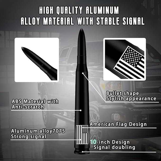 Car Bullet Antenna with Valve Stem Caps for GM Chevy Silverado 1500 2500 3500 HD Avalanche Ford F Series F150 F250 GMC Sierra 1500 2500 3500 Denali Heavy Truck Accessories (Black)-10inch- America Flag