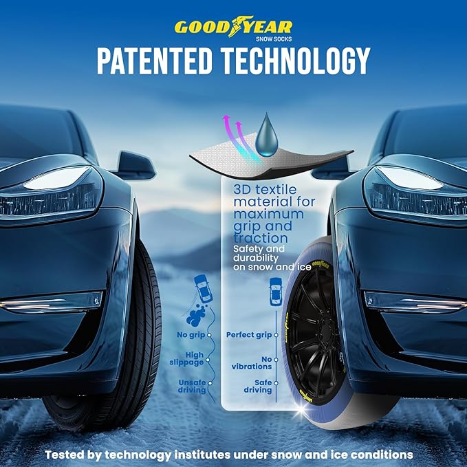Goodyear Pro Snow Socks for Tires. Designed for All Tire Brands. Textile Chain Replacement for Optimal Traction in Snow & Ice. Easy Install. Emergency Winter Safety Solution, Multi-Season Use.