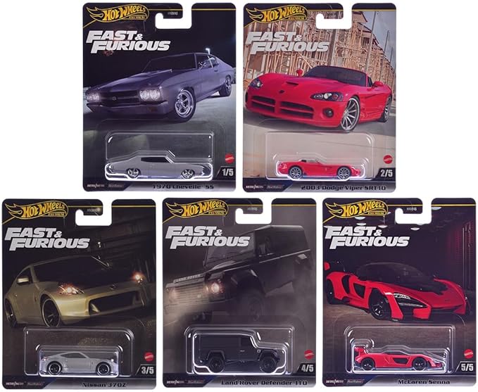 Hot Wheels Fast & Furious Premium Die-Cast Cars Bundle, 5-Pack Set, 1970 Chevelle SS, Dodge Viper, Nissan 370Z, Land Rover Defender, McLaren Senna HNW46-956J
