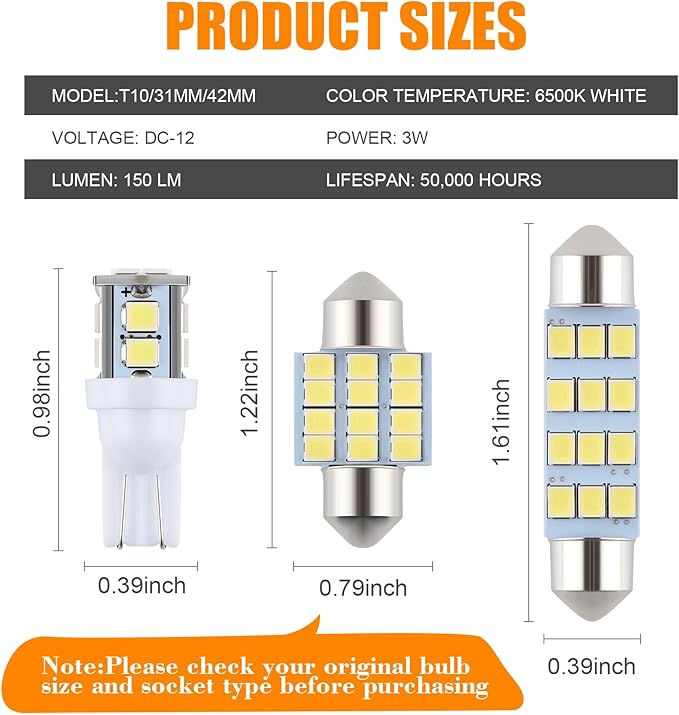 iFunyLED 24 Pieces Dome Light LED Car Interior Bulb Kit Set 194 T10 DE3175 578 31mm 42mm Bulbs Interior Replacement Lights for Car Map License Plate Door Side Marker Cornering Trunk Light - White