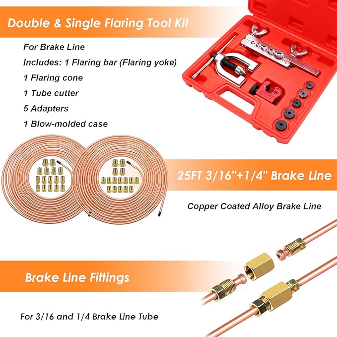 25 ft 3/16 + 1/4 Copper Coated Brake Line Tubing Kit(Includes 44 Fittings and 6 Unions) with Double & Single Flaring Tool Kit
