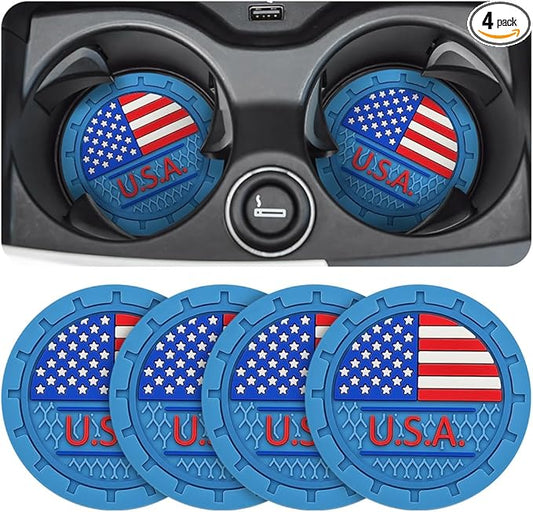 AUCELI 4 Pack Car Cup Holder Coasters, Colored American Flag US Flag Insert Car Cup Coaster, 2.75 Inch Anti Slip Shockproof Embedded Drink Mat, Vehicle Interior Decor Accessories