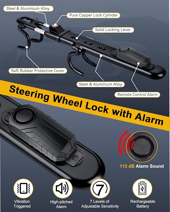 Electop Steering Wheel Lock with 113db Alarm Car Lock Heavy Duty Car Alarm System with Motion Sensor Anti Theft Device with Adjustable Locking and 2 Keys Car Alarm System for Auto Truck Van SUV
