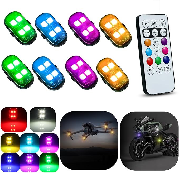8PCS Flashlight, 8 Colors Waterproof Flashights, Type-C Rechargeable LED Warning Light for Motorcycle Bike Drone Aircraft Car New Year