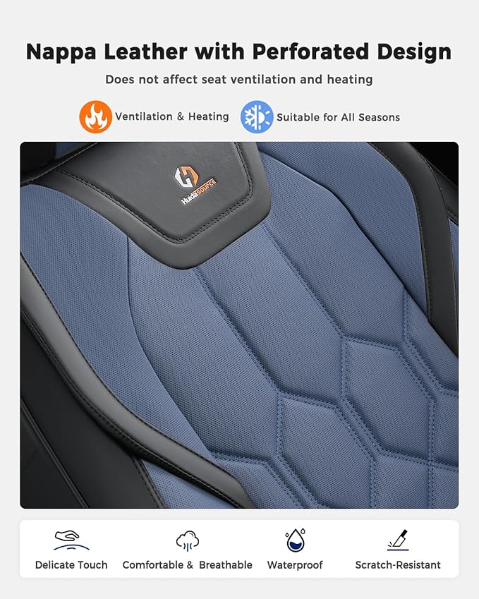 Huidasource Seat Covers Full Set, Universal Fit for Most Cars SUVs Trucks, Full Coverage Leather Seat Cover, Airbag, Cupholder Compatible, Seat Function Retain, Easy Install with Velcro, Black&Blue