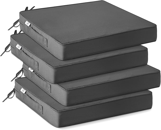 IPYNBAP Outdoor Chair Cushions Set of 4 -Waterproof Outdoor Seat Cushions for Patio Furniture, Patio Chair Cushion with Handle and Ties, Out Door Chair Pads,17x16x2-Square, Dark Grey