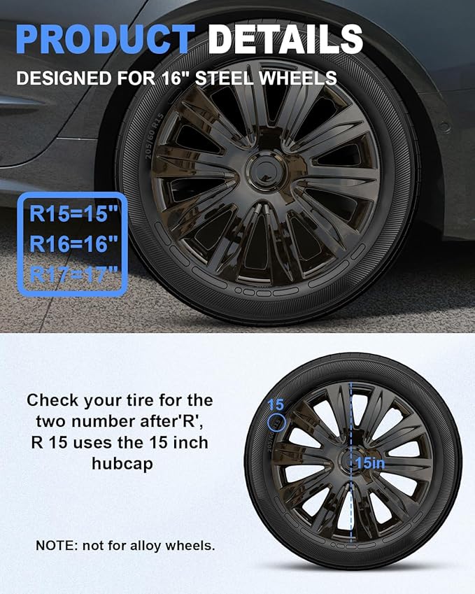 ABX Hubcaps,15 inch hubcaps Set of 4, Wheel Rim Cover ABS Material, Snap On Car Truck SUV Replacement, for Toyota Camry Nissan Mazda etc, Black