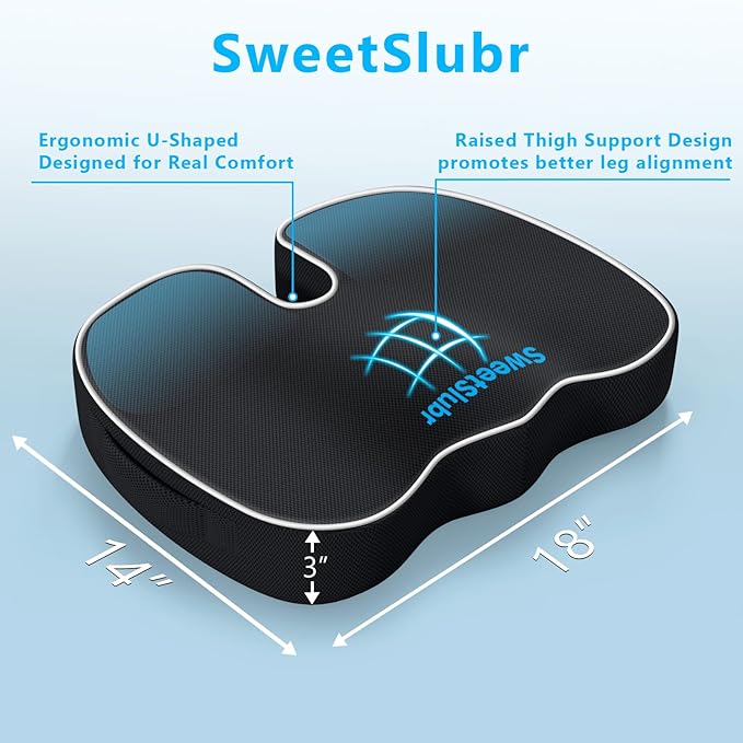 SweetSlubr Ergonomic Memory Foam Seat Cushion & Lumbar Support Pillow Set, Orthopedic Coccyx Cushion for Office Chair, Car, Home – Relieves Back, Sciatica & Tailbone Pain, Improves Posture Black/Large