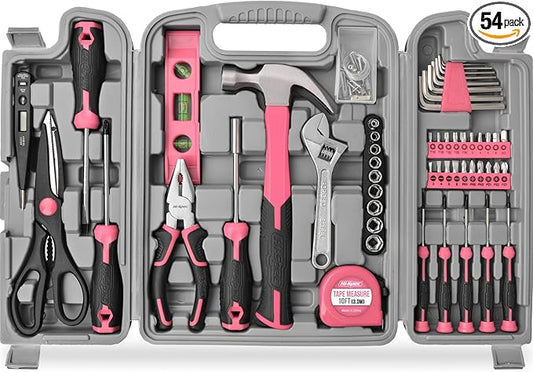 Hi-Spec 54pc Pink Home DIY Repair Tool Kit Set. Women Ladies Beginner Complete Hand Tools in a Portable Toolbox Case for the Household and Office