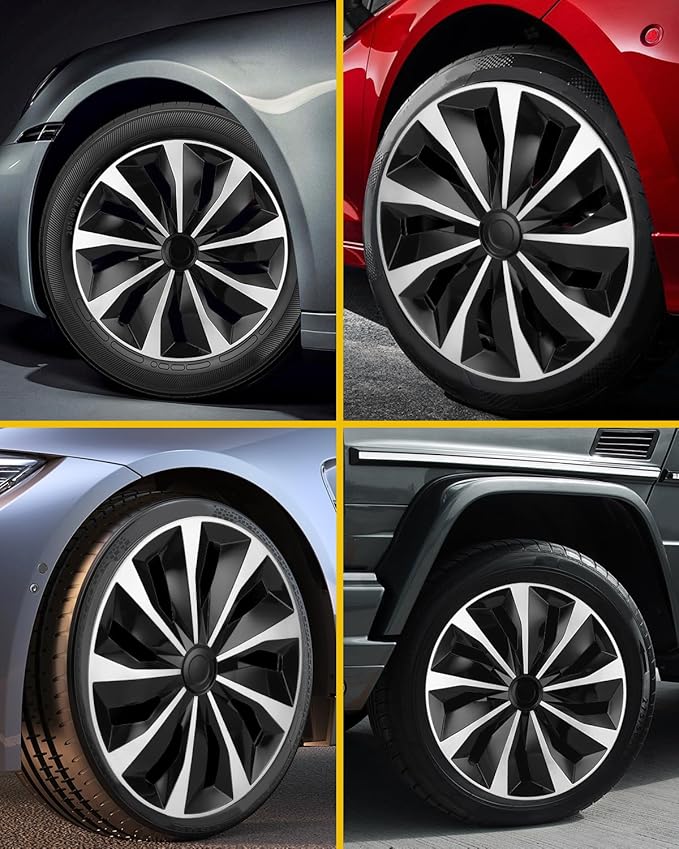 ABX Hubcaps, 16 inch hubcaps Set of 5, Wheel Rim Cover ABS Material, Snap On Car Truck SUV Replacement, for Toyota Camry Nissan Mazda etc, Black & Silver