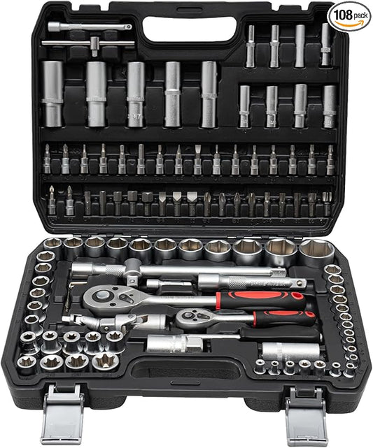 LYNICESHOP 108Pcs Mechanical Tools Kit, Ratchet Wrench Mechanics Tools Kit Metric 1/4 And 1/2 Drive Socket Set Sockets,Quick Release Reversible Ratchet Wrench Fit For Diy Car Motorcycle Repair