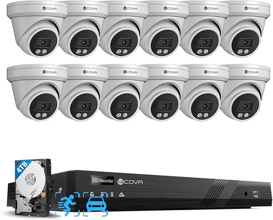 4COVR 16 Channel PoE Security Camera System, AI Human Vehicle Detection & Remote Access, 12Pcs 5MP Wired Commercial Dome IP Camera IP67, 8MP NVR 4TB HDD, Business Surveillance Outdoor, LY97SA5M1612
