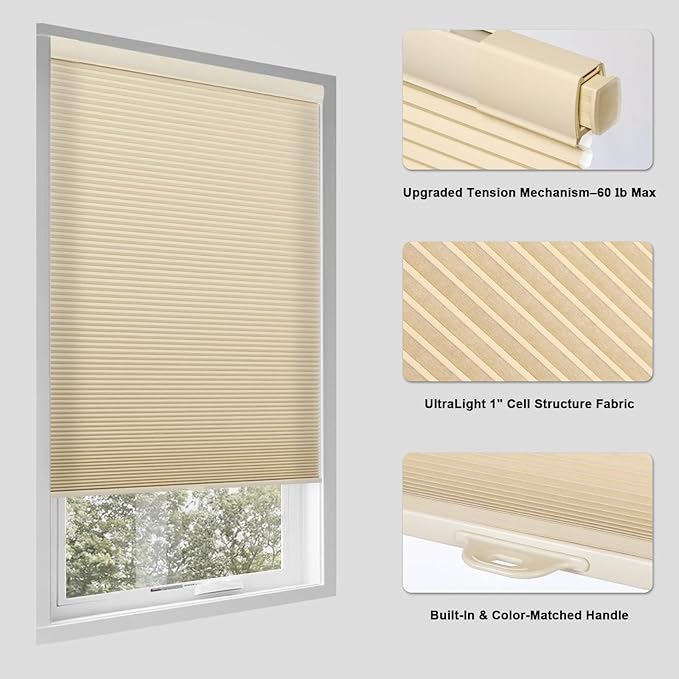 Tonature No Drill Cellular Shades for Indoor Windows, Thermal Insulating & Noise Reducing Honeycomb Blinds, Free Stop Cordless Light Filtering Shades, Beige,44" W x 64" H