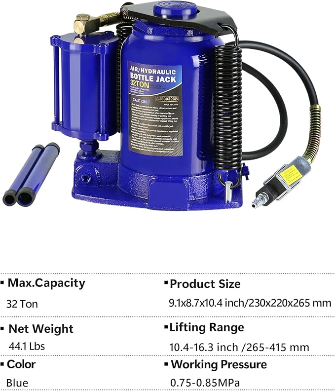 32 Ton Air Hydraulic Bottle Jack with Air-Powered or Manual Operation, One-Piece Hydraulic Cylinder Design, Air Bottle Jack with Independent Air Pump Body and Carry Handle